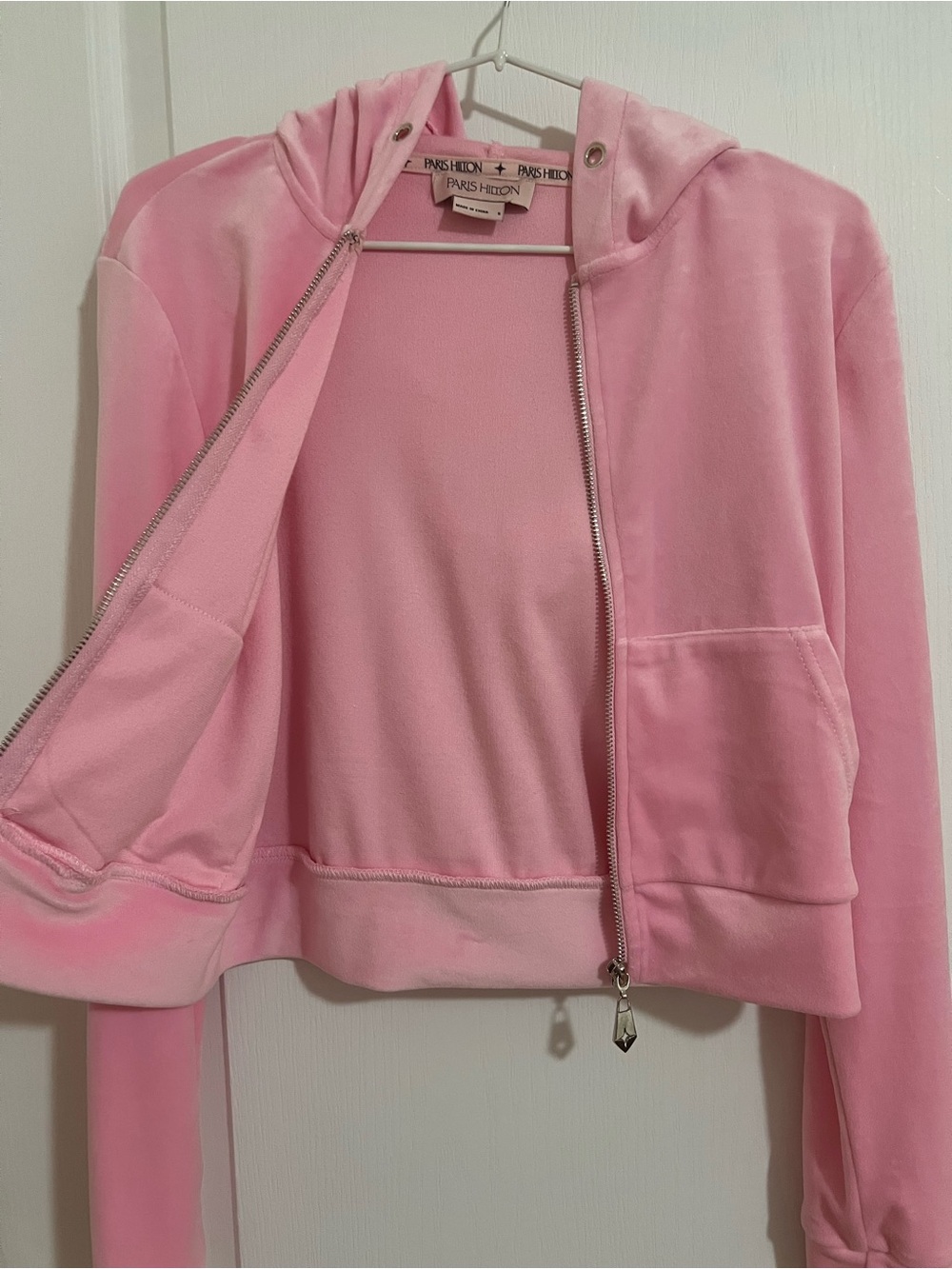 Paris Hilton Light Pink Hooded Velvety Zip Bomber Track Jacket